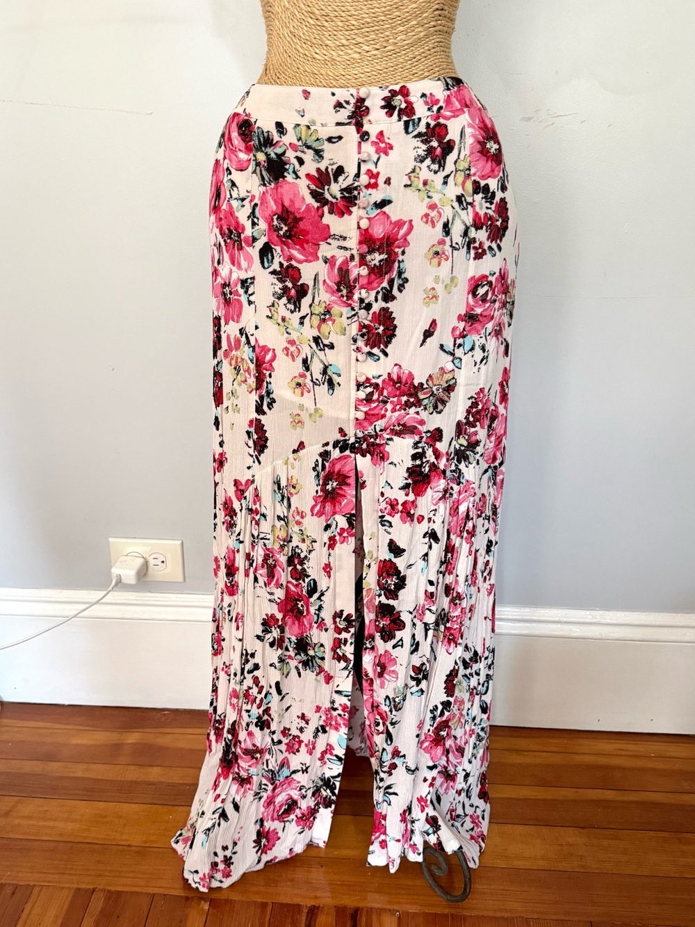 Altar'd State White Maxi Skirt with Pink Floral Print